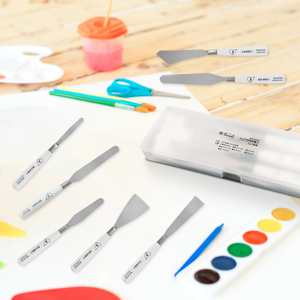 Cuchillo para pintura al óleo, paleta de pintura de acero inoxidable, juego de raspador de pintura al óleo, cuchillos de Metal, raspador de mezcla de colores, 7 Uds.