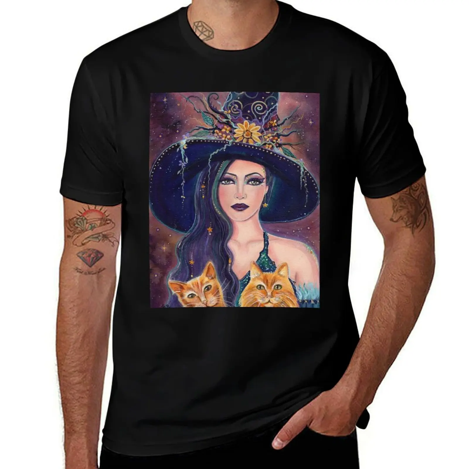 

Jinx and Jazz Halloween witch with cats by Renee Lavoie T-Shirt Daily Wear Print T-Shirt