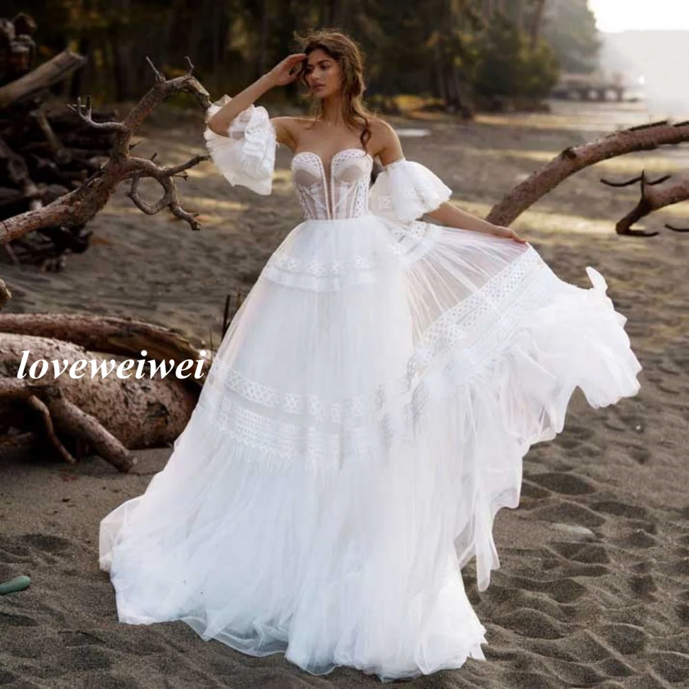Customized Lace Boho Wedding Dress Sweetheart Neck Bride Gowns Tulle Illusion Bridal Dresses New Arrival Vestidos De Novia