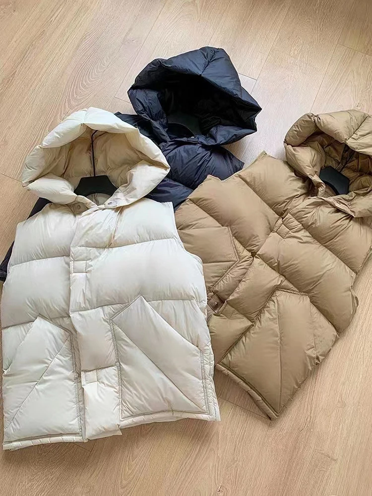 

Autumn Winter Solid Hooded Down Vest Female Warm Quilted Waistcoat Coat Women White Duck Down Thickening Pocket Sleeveless Vest