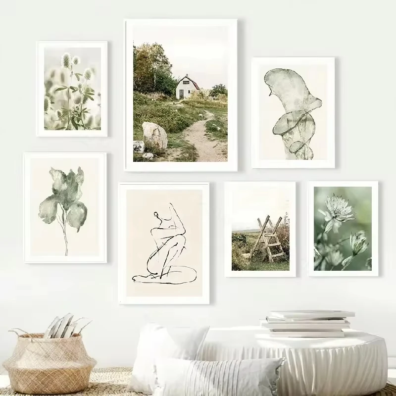 Cuadro Decorativo de Paisaje Rural con Ciervos y Tréboles, Pintura al Óleo, Póster e Impresión de Plantas Verdes para Decoración