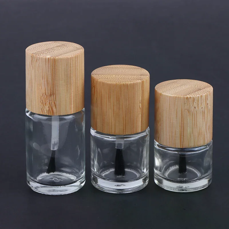 Botella cilíndrica de vidrio para aceite de uñas, cepillo para el pelo, botella de pegamento para uñas, cubierta de madera maciza y bambú, contenedor de aceite para uñas, 5ml, 10ml, 15ml