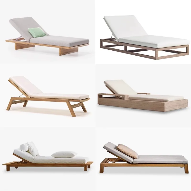 Lounge bed, pool lounger, solid wood, teak lounge beach chair, hotel outdoor open-air adjustable backrest lounge chair