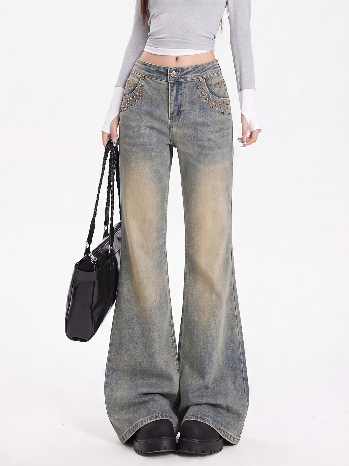 Retro American Washed Bell Bottom Jeans Women's High Waist Slimming Rivet Embroidery Jeans Casual Straight Leg Cotton Denim