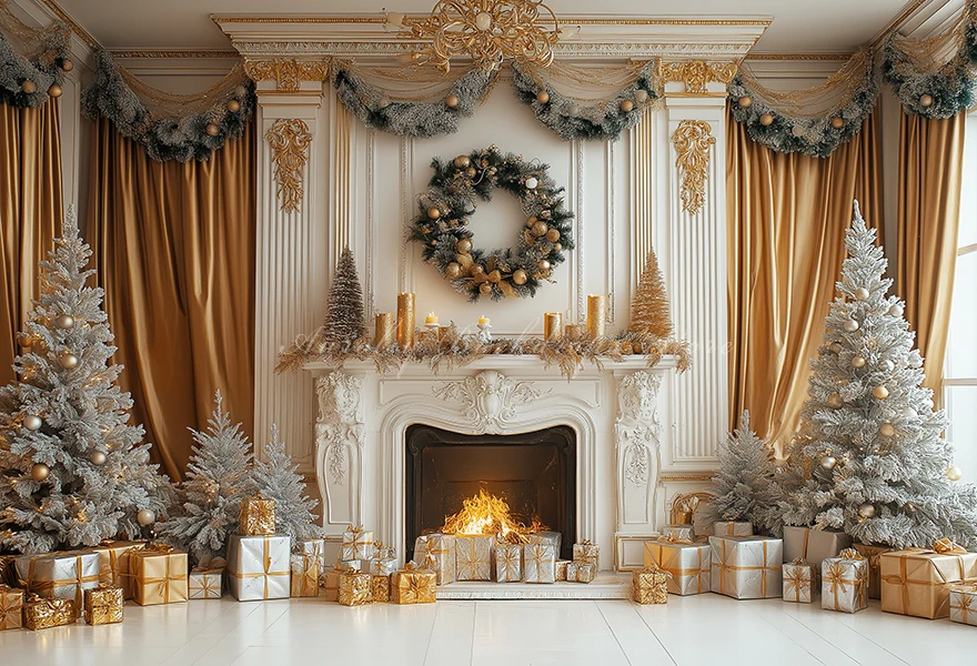 Christmas Backdrop with Fireplace and Large Window Baby Kids Portrait Family Party Photocall Photograhy Background Birthday Prop