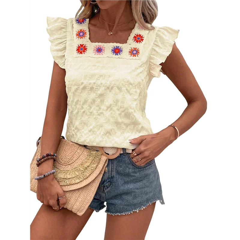 

A83F-Women's Floral Embroidery Blouse Flutter Sleeve Square Neck Textured Summer Shirt