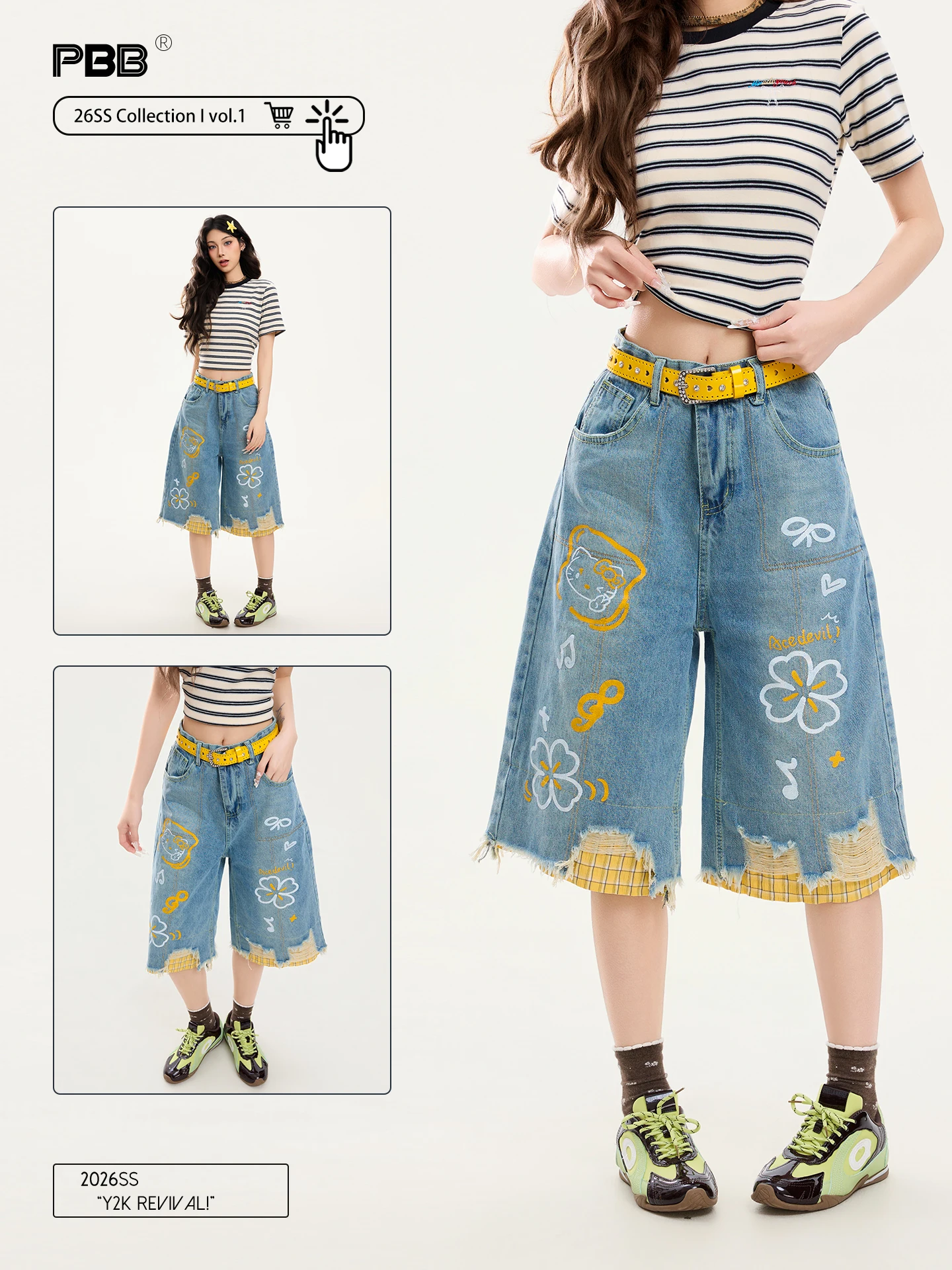 

PBB American Retro Plaid Splicing Fake Two-Piece Denim Seven-Foot Pants Women's Subculture Graffiti Cartoon Wide Leg Shorts