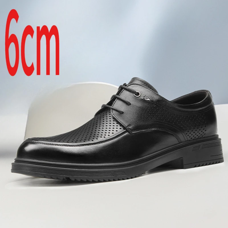 Height-increasing 8cm Men's Dress Shoes Genuine Leather Hollow Out Breathable Breathable Wedding Derby Shoe Black Elevated Shoes