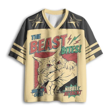 The Beast Bites Retro Comic Angry Cat Print Men V Neck Mesh Jersey Vintage Short Sleeve Top
