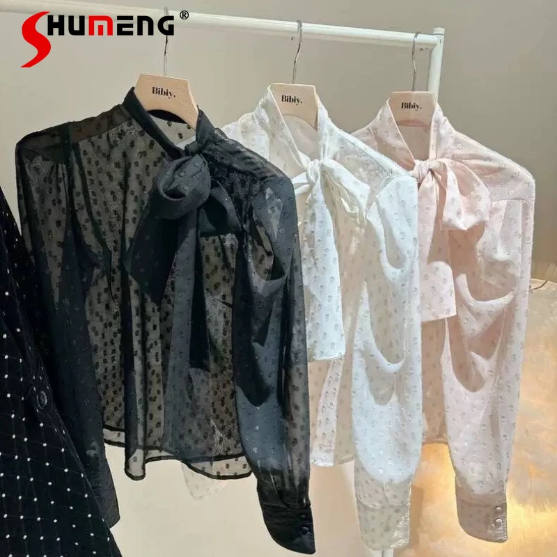 

Japan Style Sweet Fashion Big Bow Lace-Up Long Sleeve Shirt Spring Autumn Women's Slim Elegant Blouses Lady Daily Casual Shirt