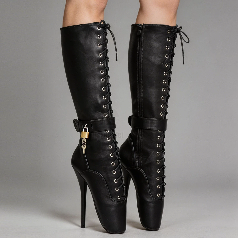

New 18cm/7" High Heel LOCKY Lockable Ballet Boots Women Cross-tied Fetish Sexy Pinup Spike Heels Knee-high Boots