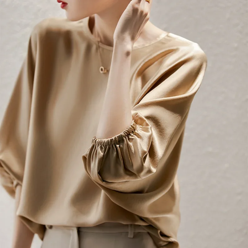 Office Lady Solid Color Tops Korean Fashion O-Neck Shirt Elegant Summer Batwing Sleeve Silk Satin Shirt Loose Clothes 27195