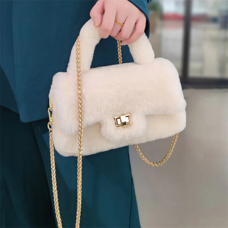 Women\'s Fur Bag Real Wool One Shoulder Bag Brand Designer Handbag Furry Mouth Red Envelope Women\'s Winter Luxury Handbag