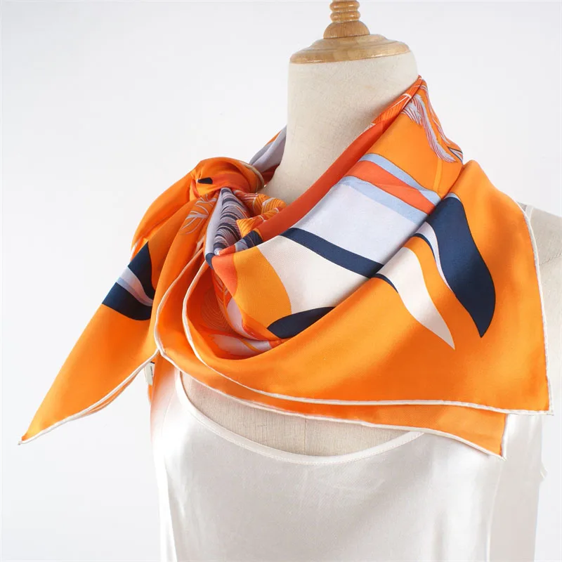 Orange Prints 100% Silk Scarf Shawl Womens Fashion Silk Neckerchief Necktie Hand Rolled Edges 35