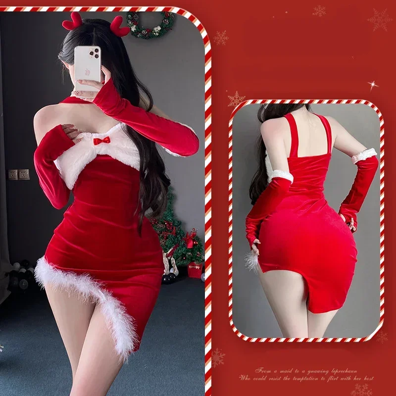 Robe de Noël Cosplayer pour femme, robe de soirée rouge, costume de cosplay du père Noël sexy, tenue de festival