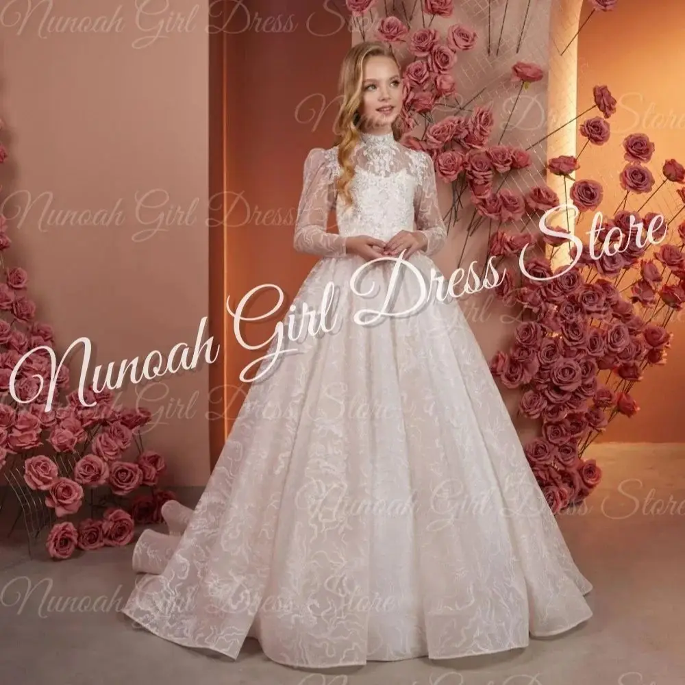 Białe sukienki dla dziewczynek na wesele, koronkowe aplikacje, długość do podłogi, sukienki urodzinowe dla dziewczynek, sukienki na Pierwszą Komunię Świętą, szyte na miarę