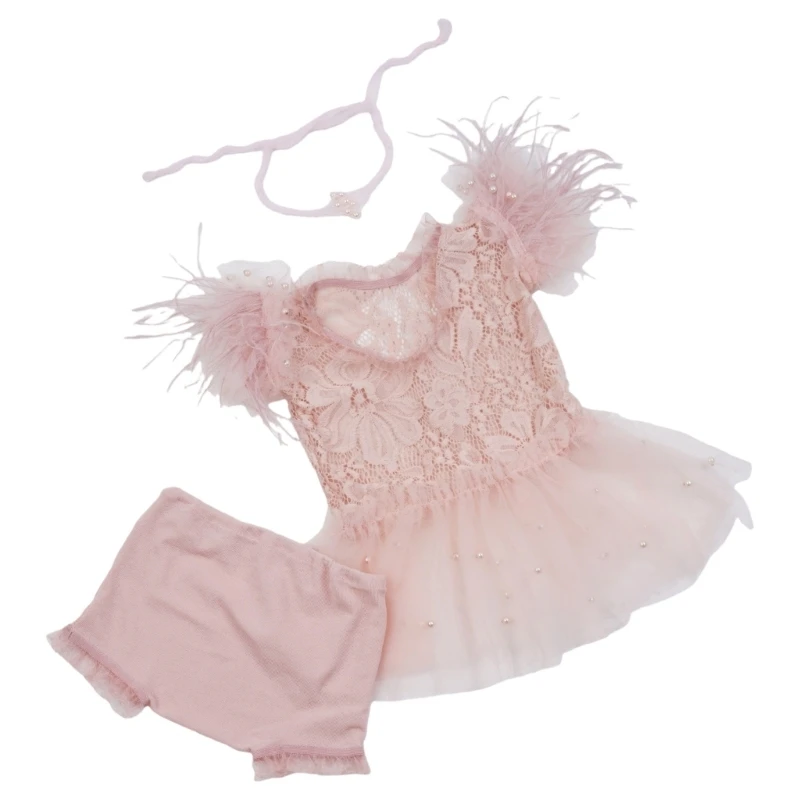 Y4UD 3Pcs Newborn Baby Photography Props Lace Skirt Short Pant Headbands