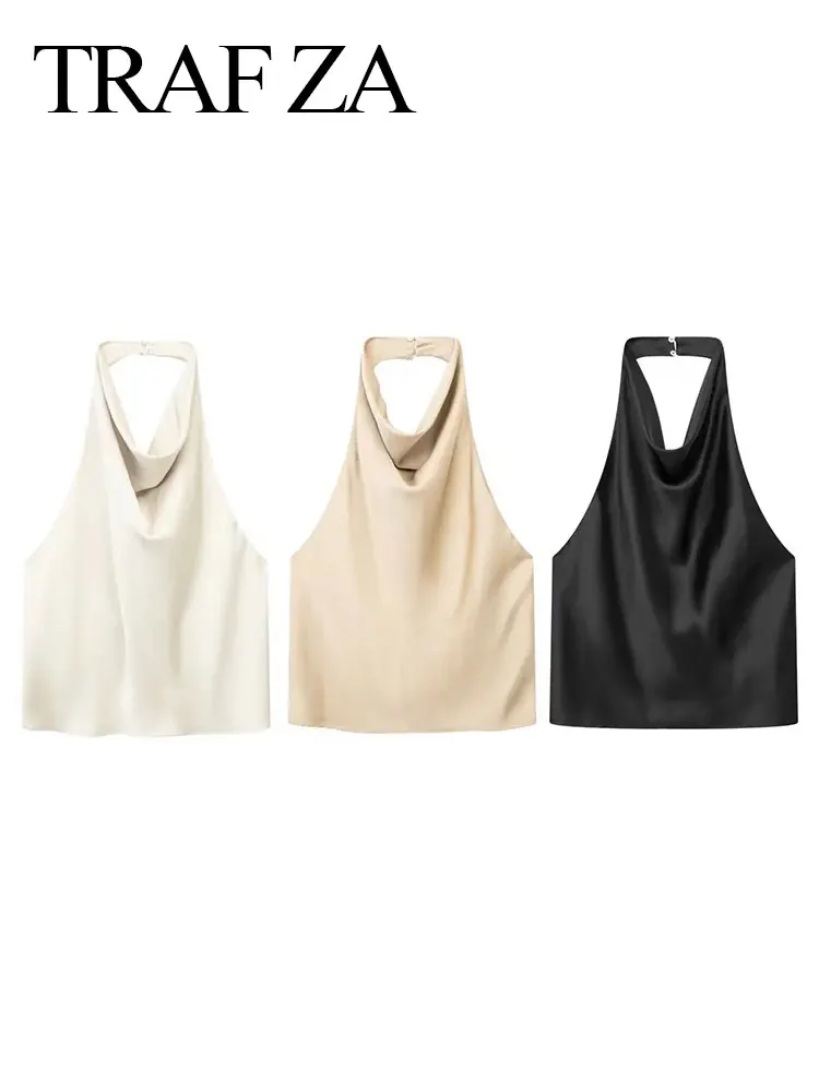 

TRAFZA Women Fashion Satin Halterneck Top Solid Elegant Woman Slim Tank Tops Off Shoulder Backless Sexy Lady Chic Tops Summer