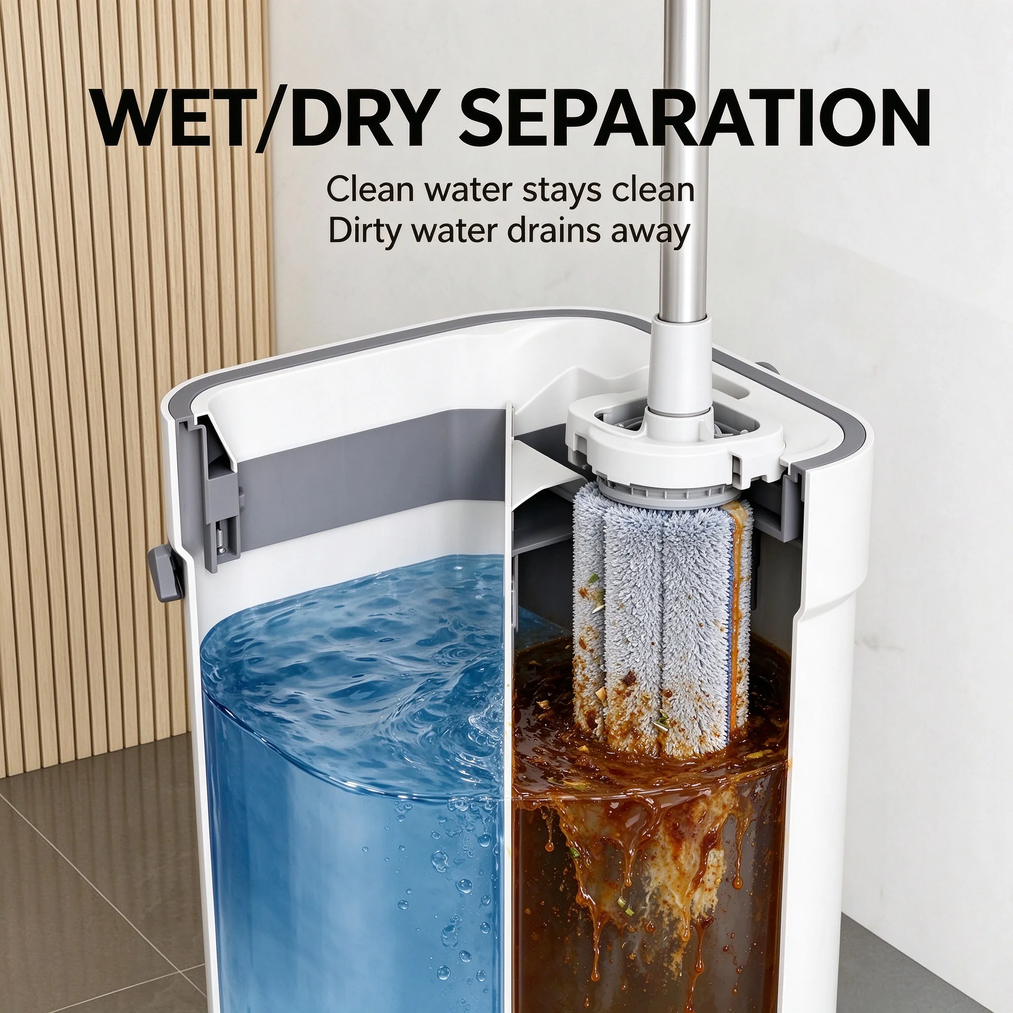 Flat Mop with Bucket, Hands-Free Floor Cleaning System, 40cm Large Mop Head, Wet Dry Separation Wringer