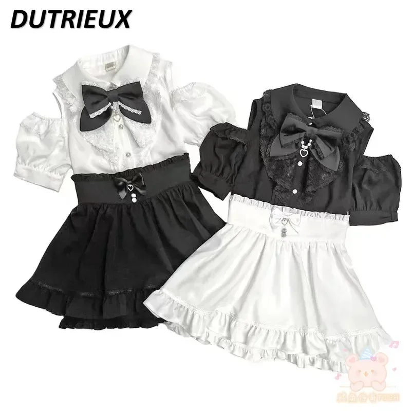 

Lolita Japanese Style Ladies High Waist Skirt Bow Lace Fashion Sweet and Cute Solid Color Casual Short Skirts for Women Summer