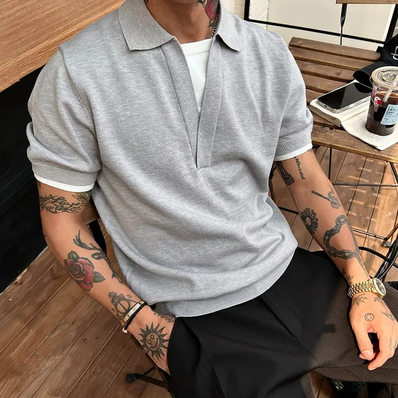 Summer Business Polo Shirt Men's Fake Two-piece Knitted Shirt Ice Silk Thin Breathable Casual T-shirt Male Formal Social Polos