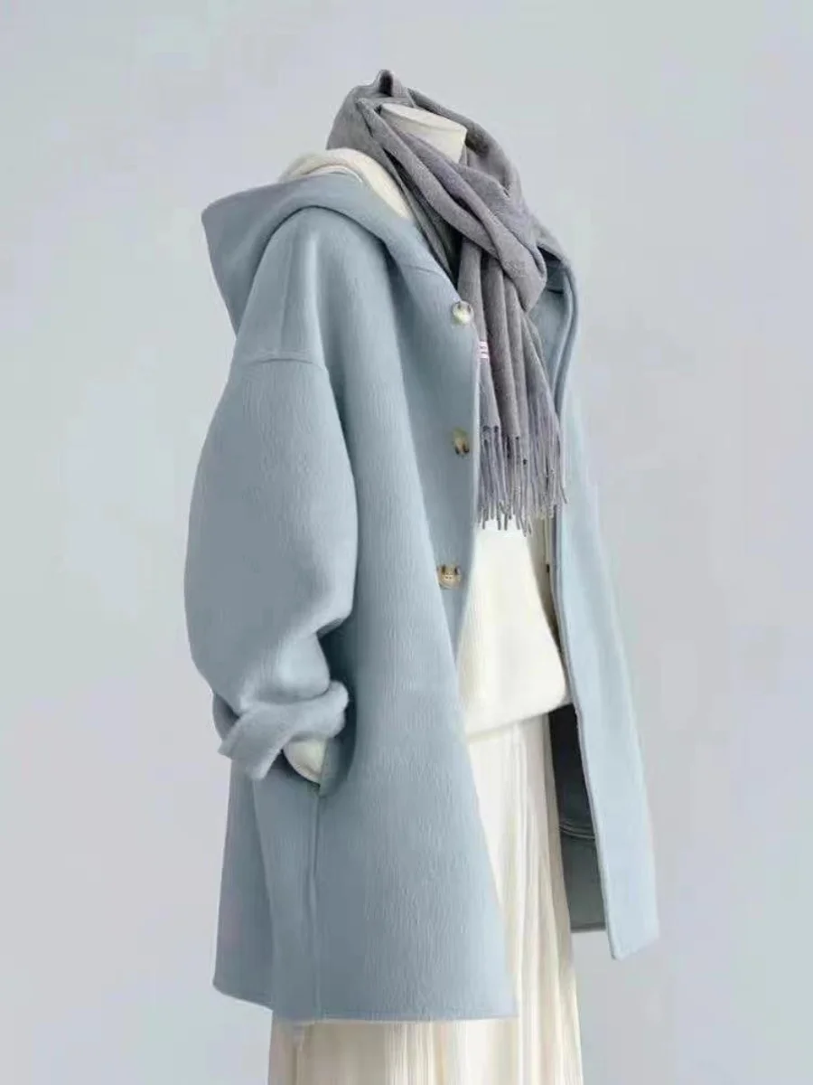 

plus Size 300 Pou Women's Woolen Coat with Hood Cr Blue Autumn Winter Thiened Korean Sle Straight Cut Faionable