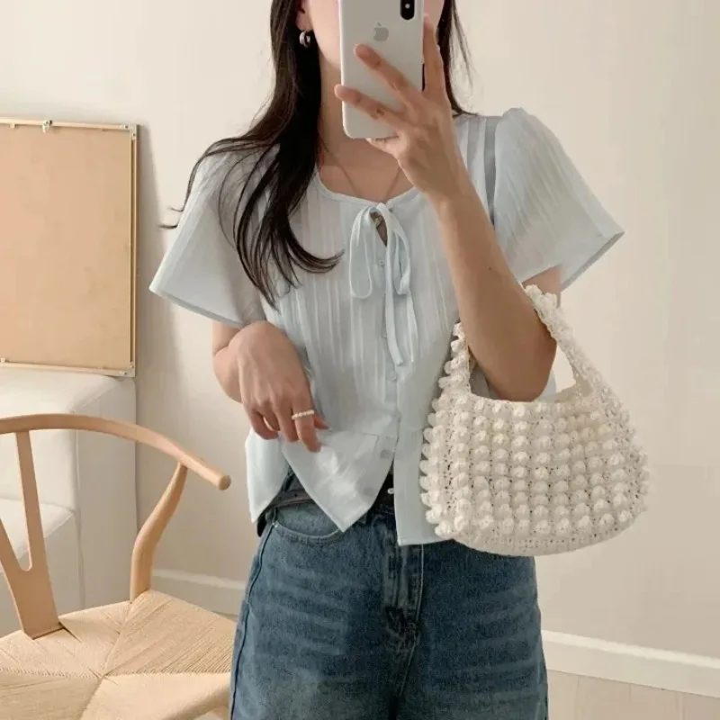 Korean Short Sleeve Blouses Simple Slimming Ort Round Solid Women's Fashion Top Banded Design Length Shirt