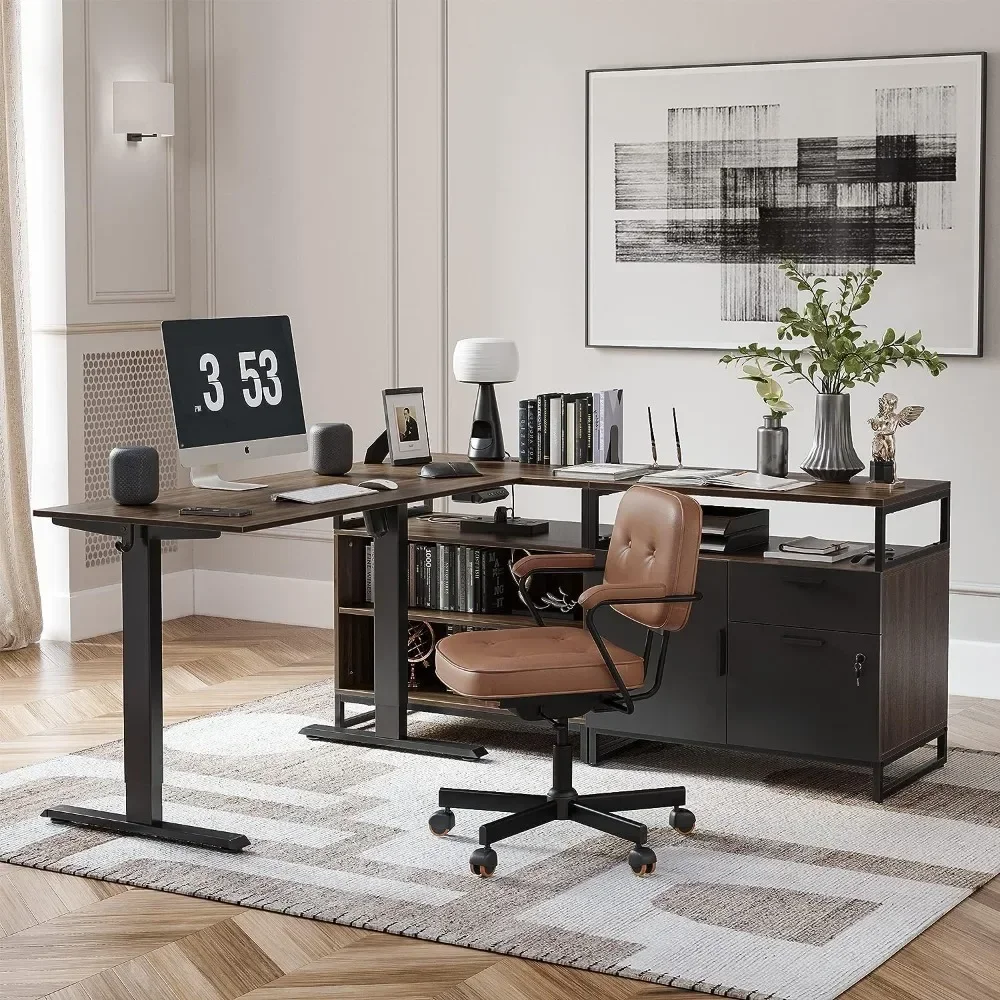 Mesa executiva em forma de L de 66 polegadas com arquivo e prateleiras, altura elétrica ajustável
