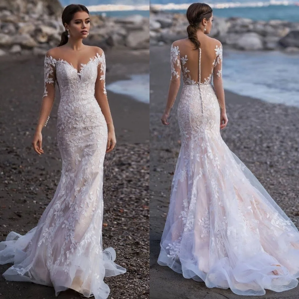 

Customized Exquisite Luxury Temperament Charming Romantic Wedding Dress White Organza Applique Mermaid Long Dresses