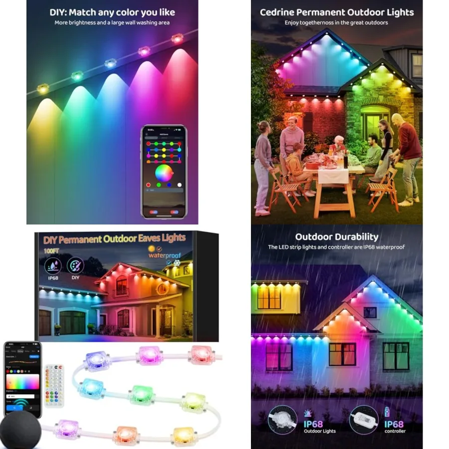 100Feet RGB+IC Permanent Outdoor Lights, Waterproof IP68 Outside DIY Smart LED Lights for House, WiFi App and IR Remote Control
