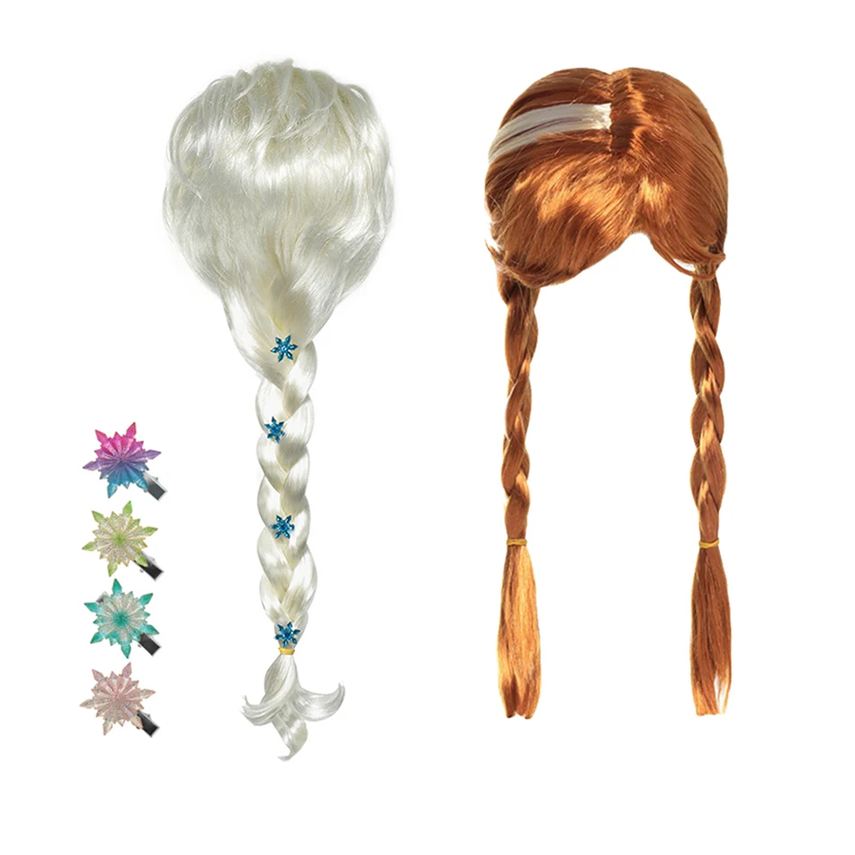 Anna Elsa Hair Wig Queen Girl Anna Dress Up Braid Mermaid Princess Fancy Kids Halloween Party Headband Cosplay Headgear