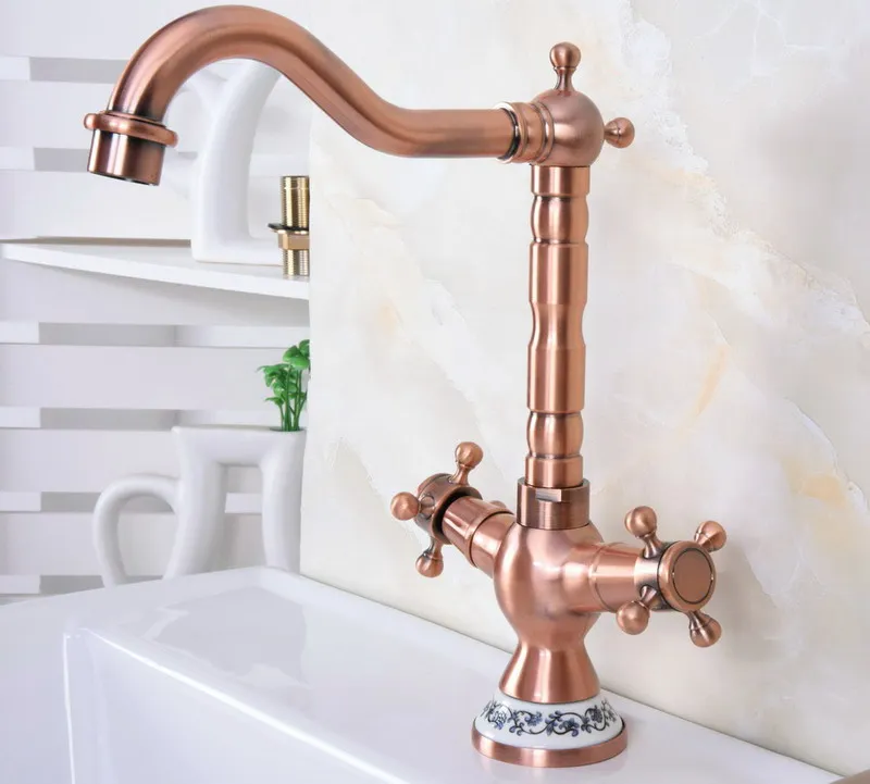 

Antique Red Copper Swivel Spout Bathroom Sink Faucet Kitchen Basin Cold And Hot Water Mixer Taps Dnfrr01