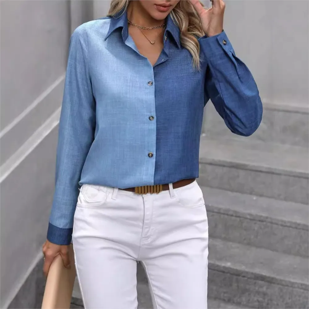 Elegant Contrasting Long Sleeved Cardigan Blouses 2024 New Casual Single Breasted Solid Color Long Sleeved Lapel Shirt For Women