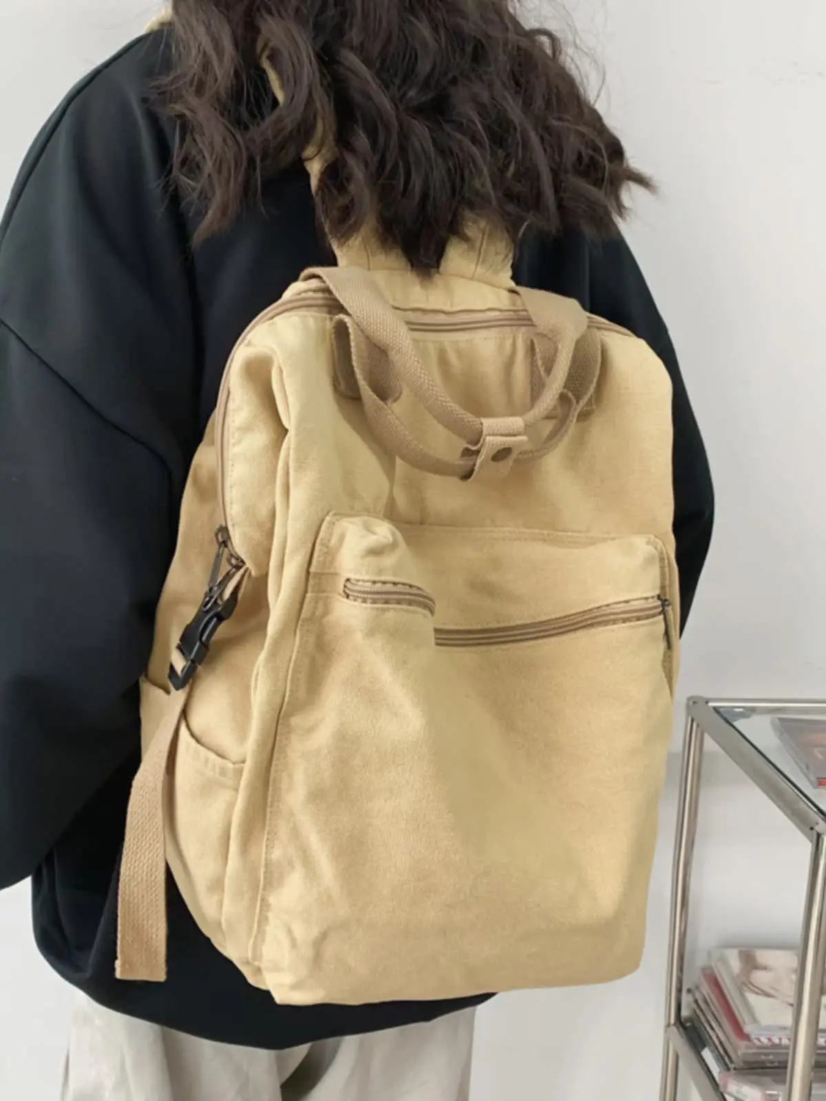 Casual Canvas Backpack for Women Retro Vintage Style Traveling School Bag Double Shoulder Bag with Pockets Vertical Square Shape