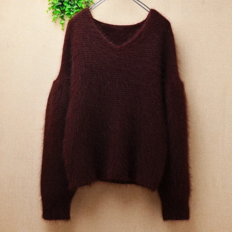 

ladies women fashion brown hairy mink cashmere knitted o-neck long sleeves slim blouses pullover angora fur jumper sweater pull