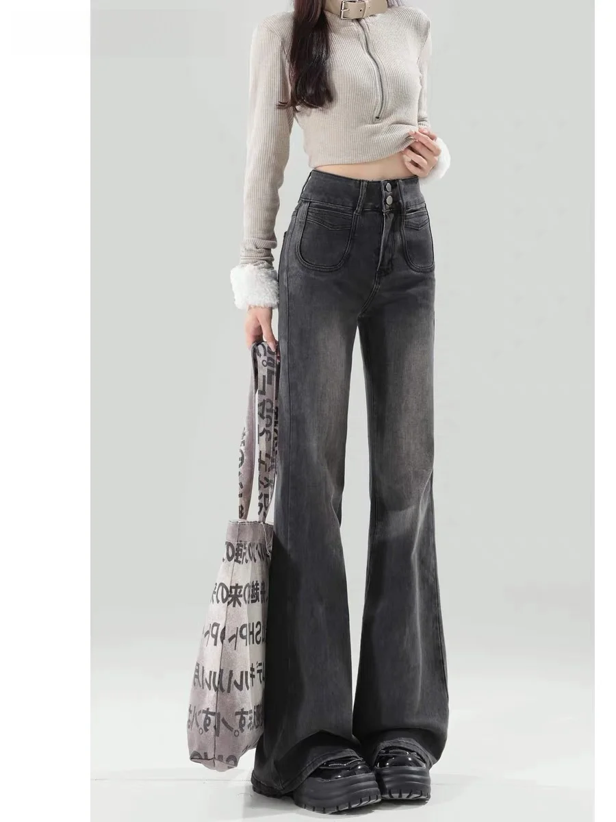 

Джинсы женские с высокой талией, расклешенные, осенне-зимние, новые, стройнящие, маленький размер, широкие штанины, джинсы из денима