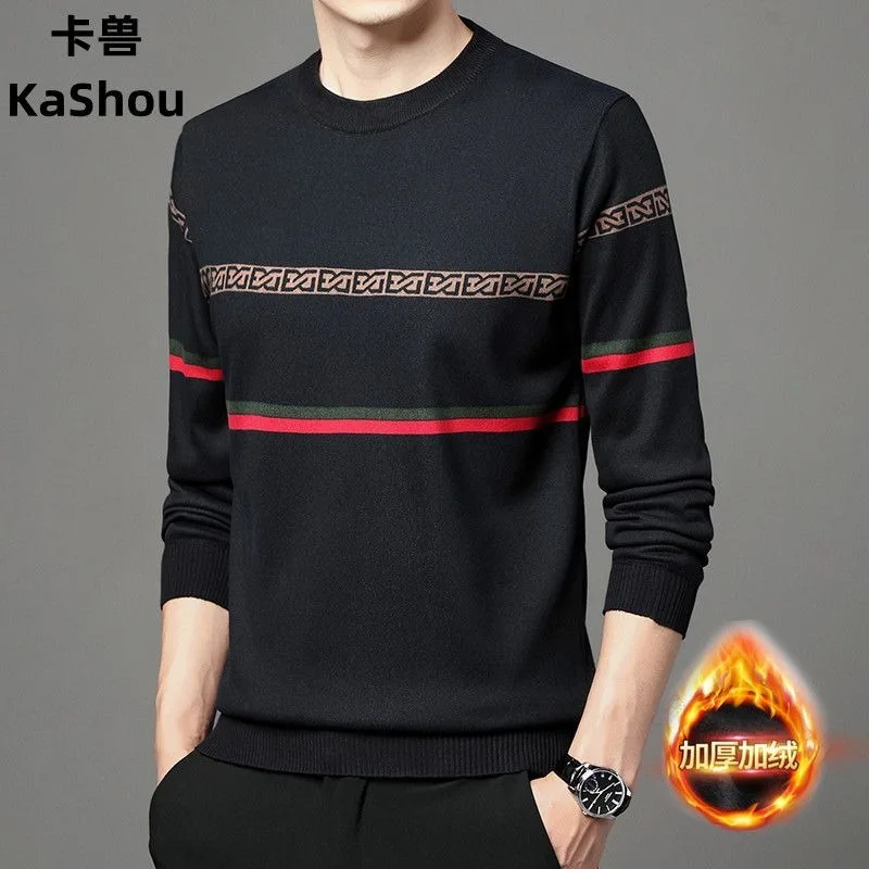 Suéter de cuello redondo para hombre, grueso, de felpa, de punto, informal, a rayas, ropa cálida, invierno