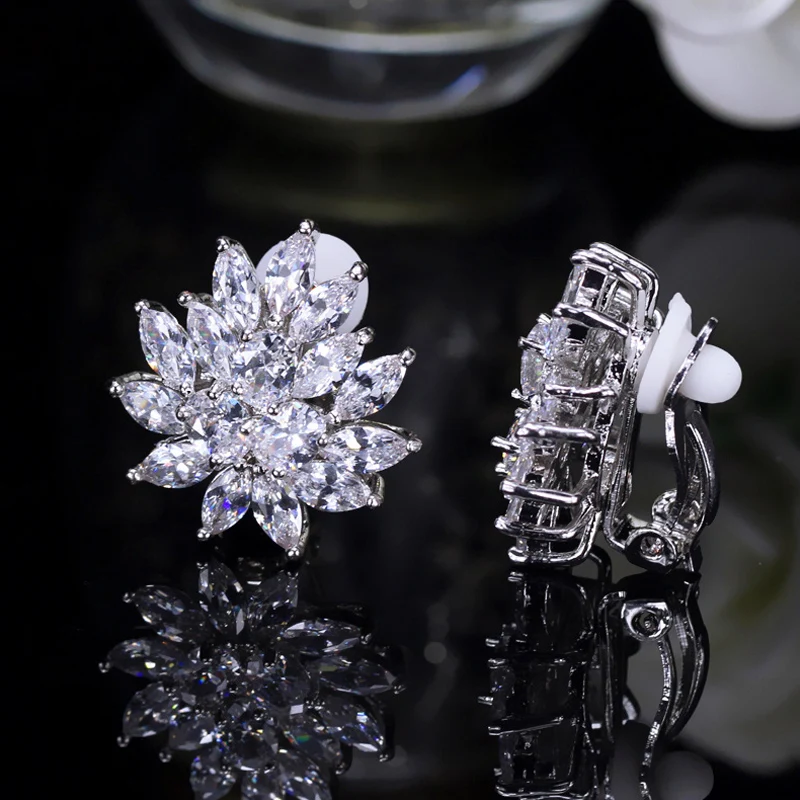 ThreeGraces Shiny Cubic Zirconia Elegant BIg Flower Clip On Earrings for Women Fashion Wedding Bridal Party Jewelry EJ53