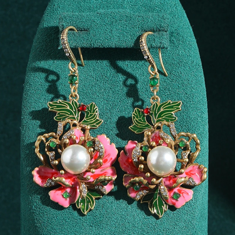 

Vintage Flower Earrings Dangle Gold Color Ancient Style Peony Pearl Ear Hook Drop Leaf Woman Accessories Bohemian Jewelry 2025