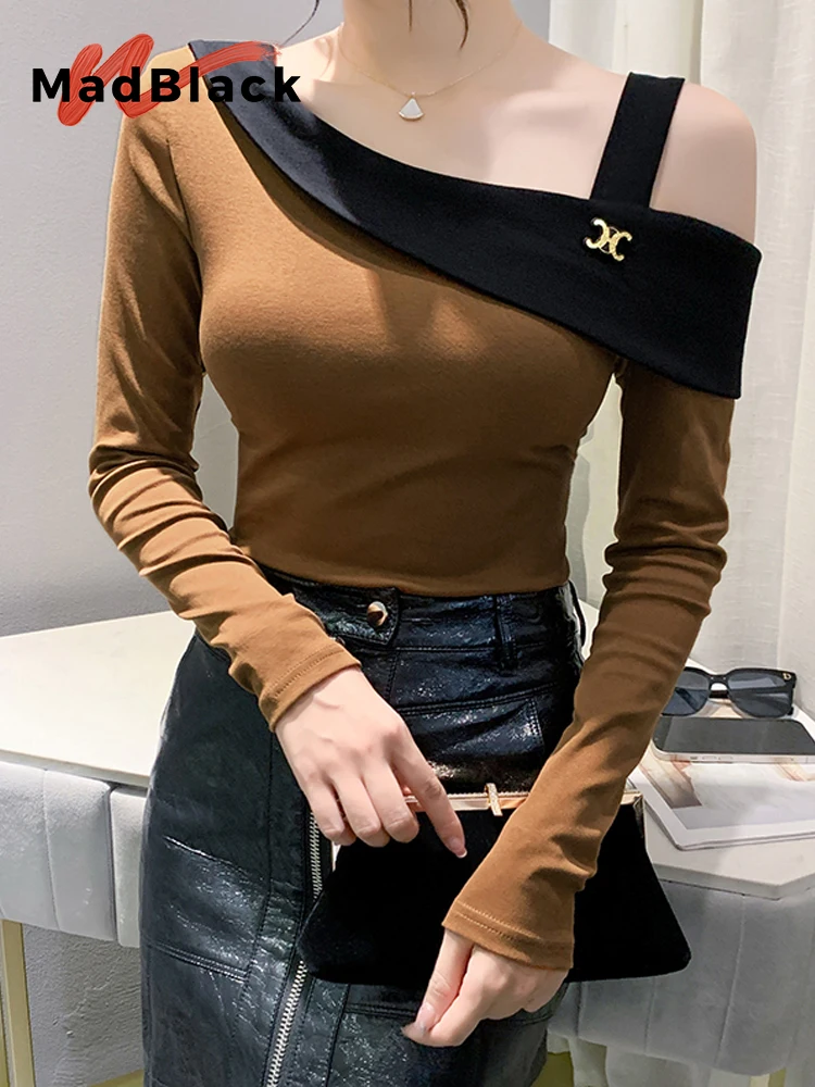 

MadBlack European Clothes Tshirt Women Sexy Slant Collar Striped Slim Cotton Top Long Sleeve Tee Autumn Winter T38046JC