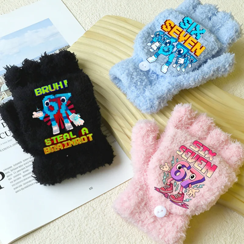 Steal A Brainrot 67 Six Seven Gloves Half-finger Flip Mittens Anime Cartoon Winter Warm Fashion Winter Accessories Birthday Gift