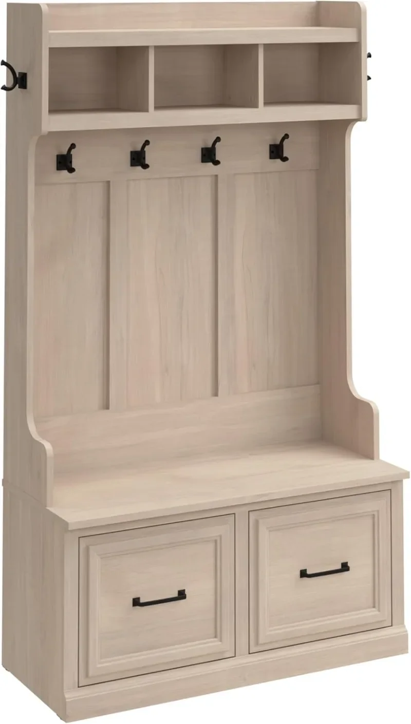 Bush Business Furniture Woodland Hall Tree and Shoe Storage Bench with Doors | Foyer, Mudroom, Entryway Organizer Coat Rack