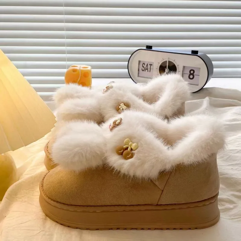 

New Fashionable Cute Rabbit Ear Decoration Round Head Elegant Snow Boots Winter Flat Shoes Soft Student Warm Women's Shoes