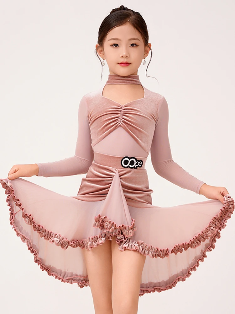 

2026 Velvet Pink Latin Dance Clothes Girls Winter Latin Practice Dress Long Sleeves Performance Dance Wear Stage Costume BL13545