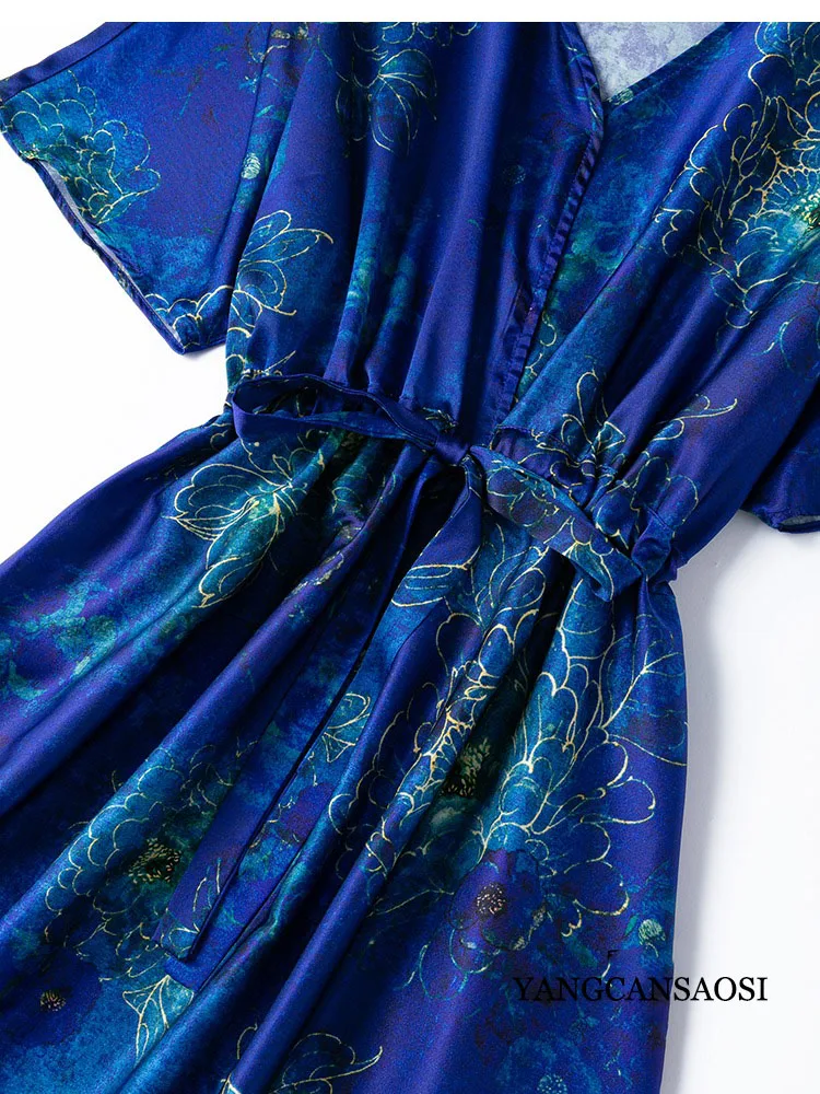 Blaue Pfingstrose, künstlerischer Charme, 93 % natürliche Maulbeerseide, elastischer Satin, V-Ausschnitt, Kordelzug, modisches, tailliertes Kleid für Damen