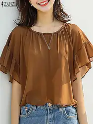 ZANZEA Summer Women Chiffon Blouse 2024 Korean Ruffle Short Sleeve Tops Shirt Chic Ruffle Hem Blusa Elegant Fashion Casual Tunic