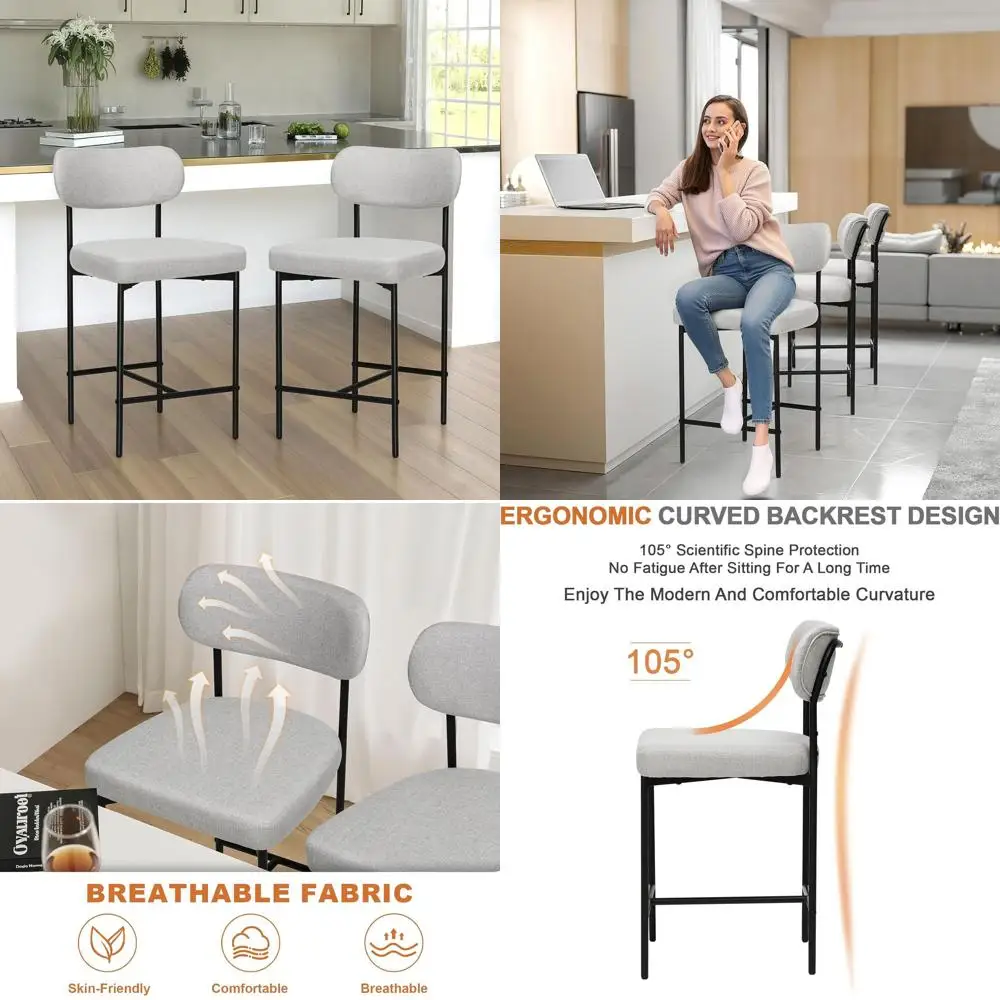 

24'' Bar Stools Set of 3 Fabric Counter Height Barstools Set Upholstered Modern Bar Stools Chairs Back Metal Legs for Kitchen