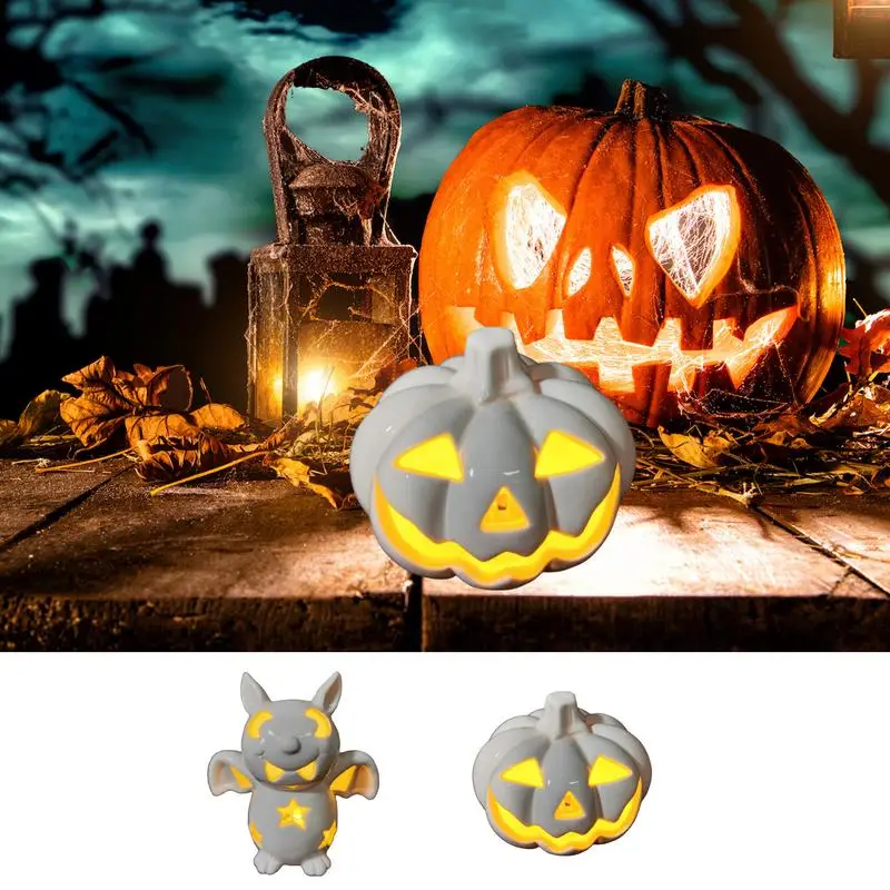 Ceramic Halloween Pumpkin Bat Lantern Battery Powered Rechargeable Bedside Tap Lamp Funny OfficeDesk Decor And Gift For Garden