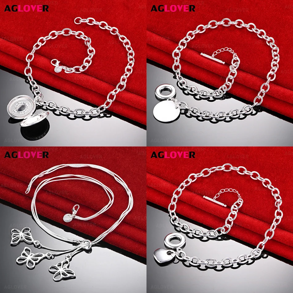 

AGLOVER 925 Sterling Silver Round Pendant Cuban Chain Chain OT Clasp Necklace Gift Accessories Party Jewelry Wedding