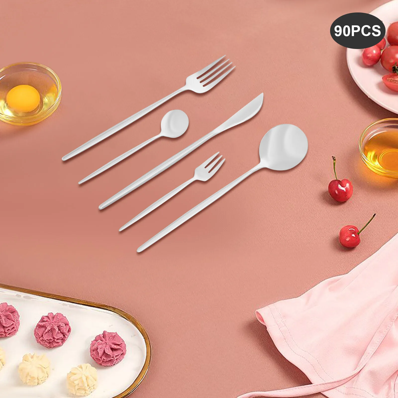 

90Pcs Cutlery Set 410 Stainless Steel Knives Forks Spoons Teaspoons Kitchen Cutlery Set Sturdy Durable
